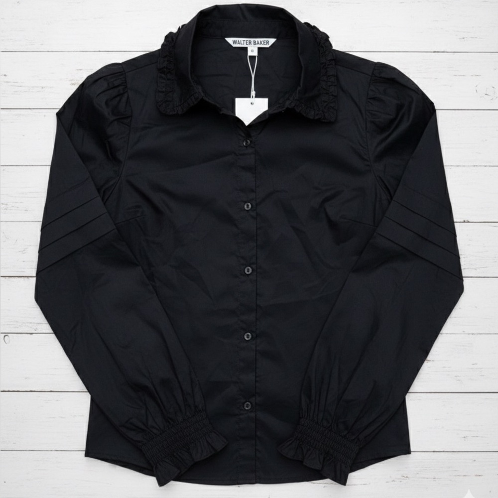 NWT Walter Baker Black Puff Sleeve Ruffle Collar Button Down Blouse Shirt Small